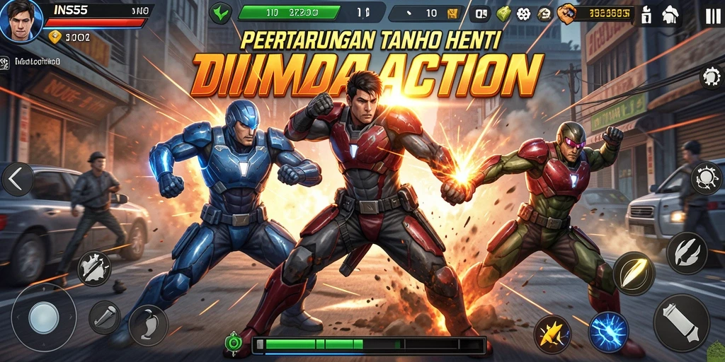 Screenshot gameplay INS55 menunjukkan aksi pertempuran yang dramatis dan seru.
